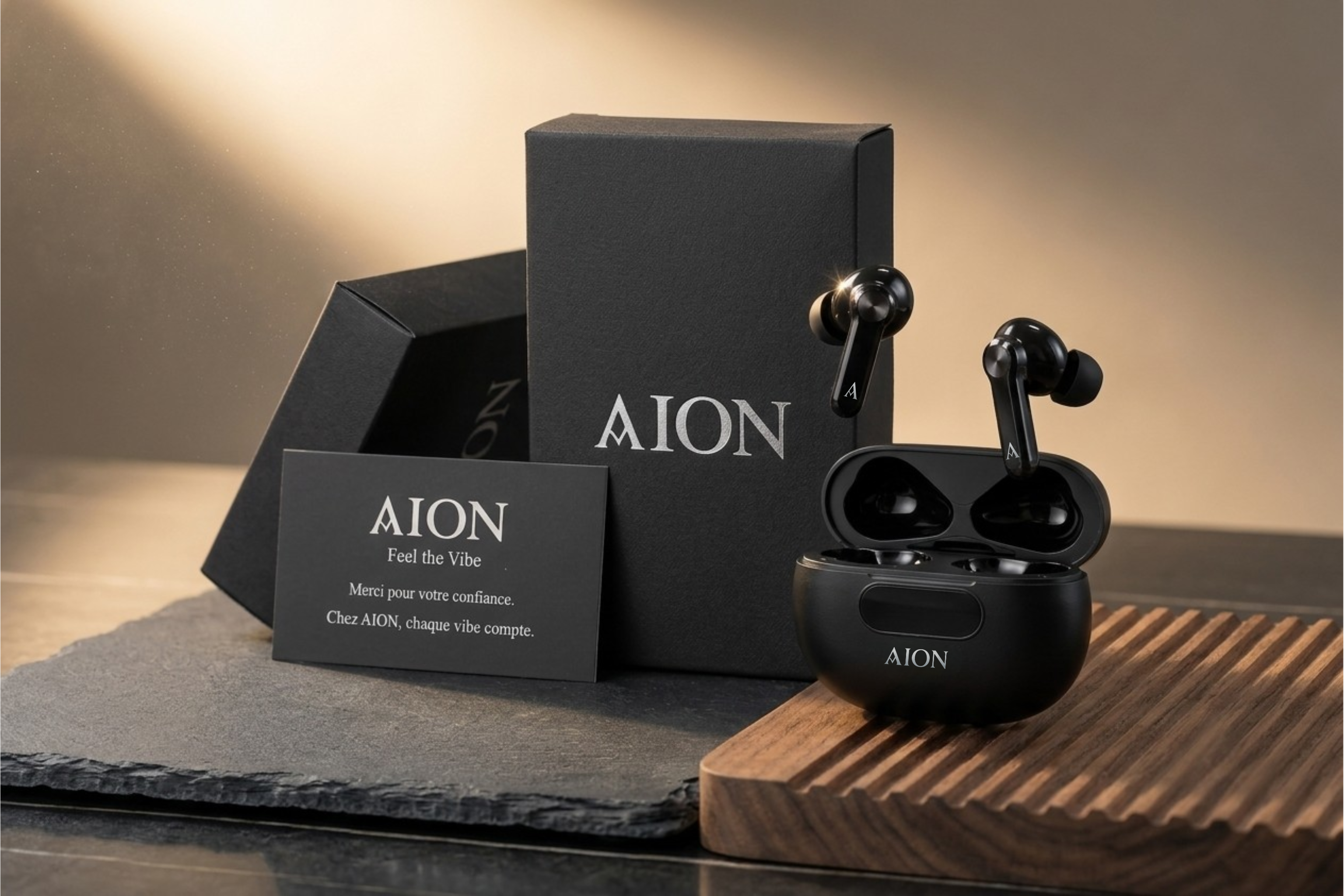 AION Flow — écouteurs, boîte et carte de remerciement